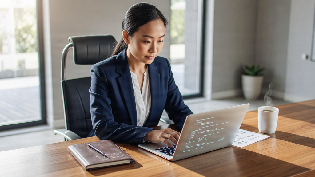 A person working at a desk with a laptop, a notebook, and a cup of coffee.