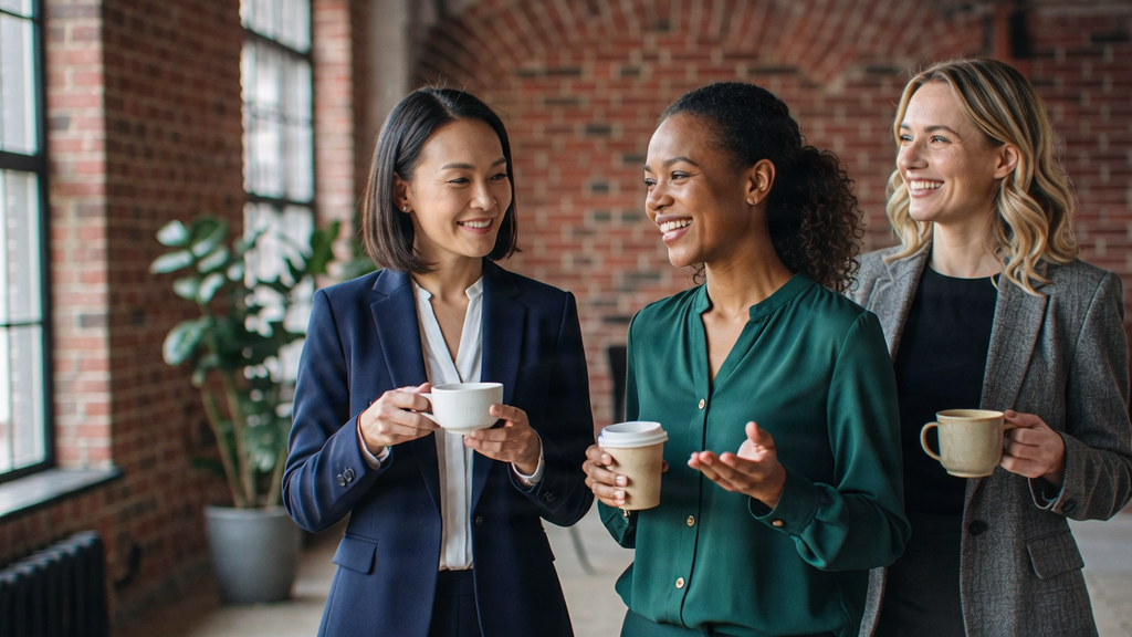 Three professional women smiling and talking together in a brick-walled office space.
