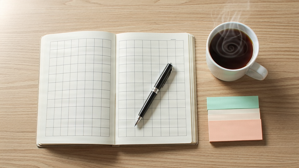 A top-down view of a clean workspace with a planner, a pen, and a cup of coffee.