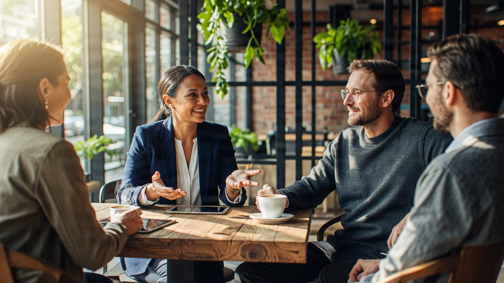 A diverse group of professionals having a friendly conversation in a modern cafe setting.