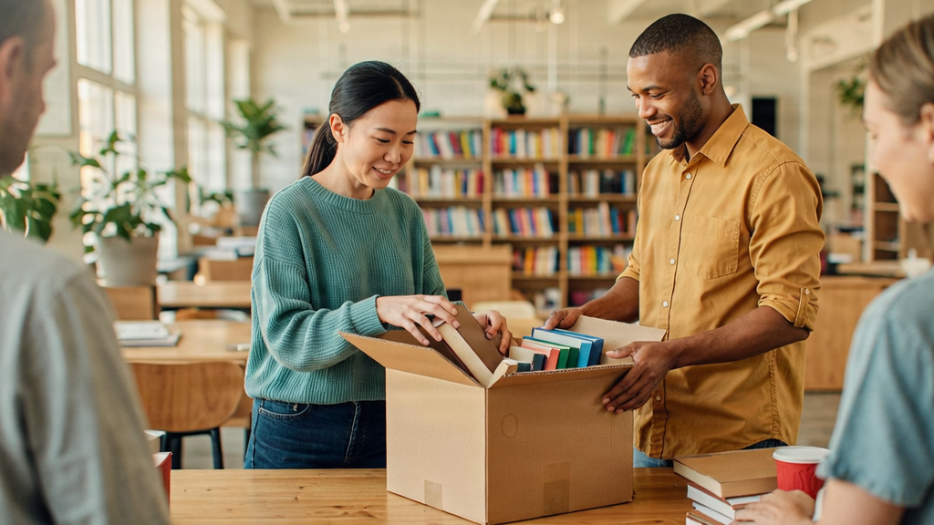 A group of diverse people sorting books into boxes for donation.