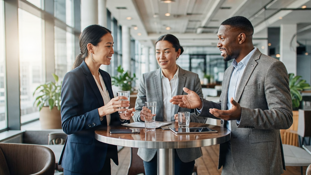A group of professionals at a networking event engaged in an introduction.