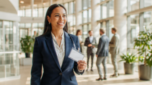 A professional attending their first networking event, walking into a bright venue with people mingling in the background.